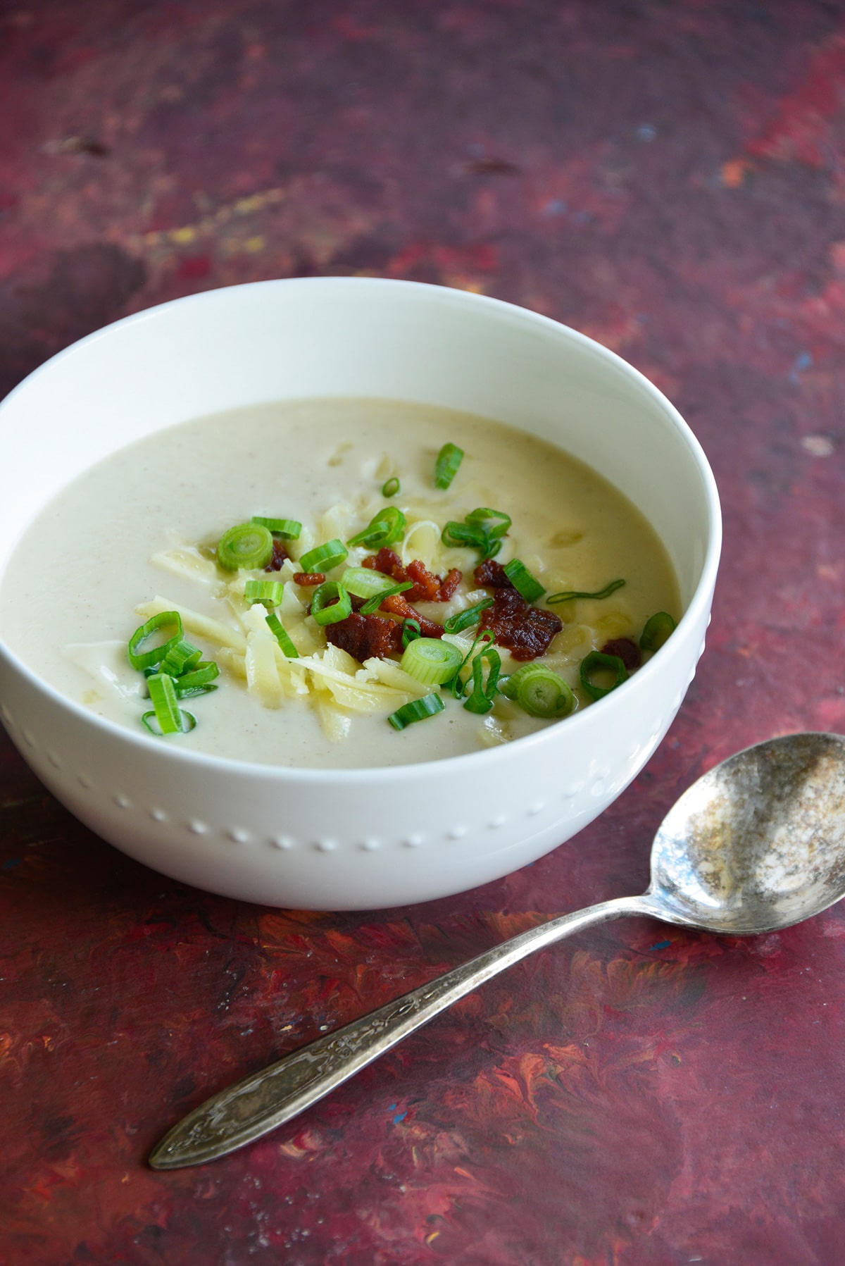 cauliflower soup in bowl.