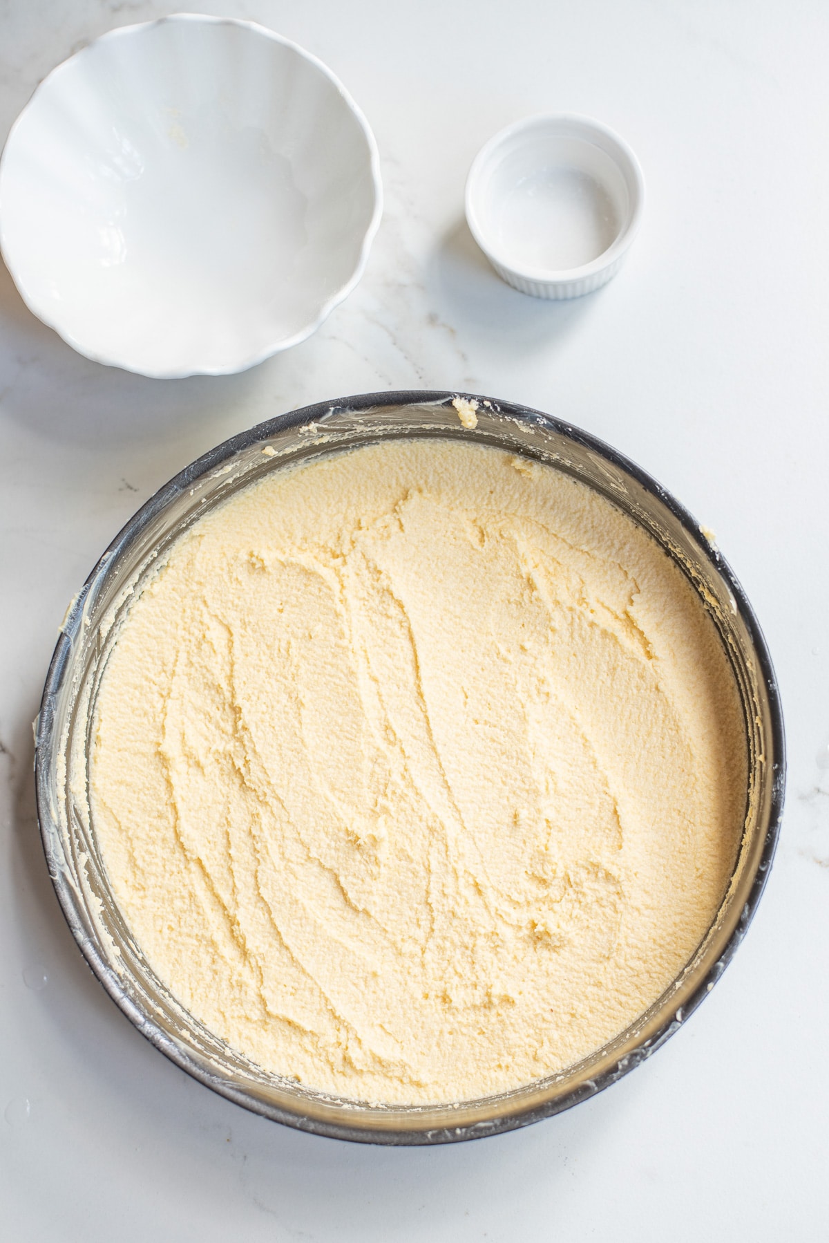 cake batter in greased pan.