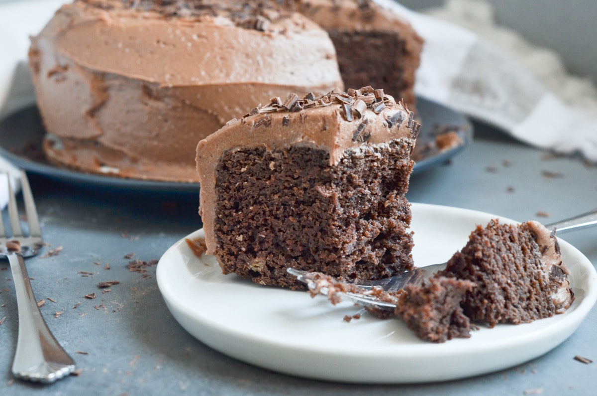 slice of cake with chocolate frosting