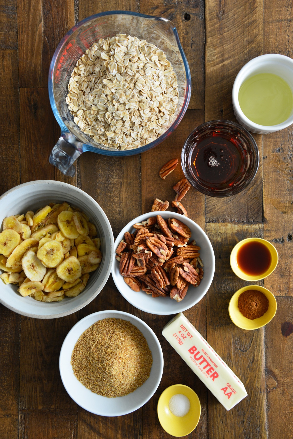 ingredients for banana granola on the counter.